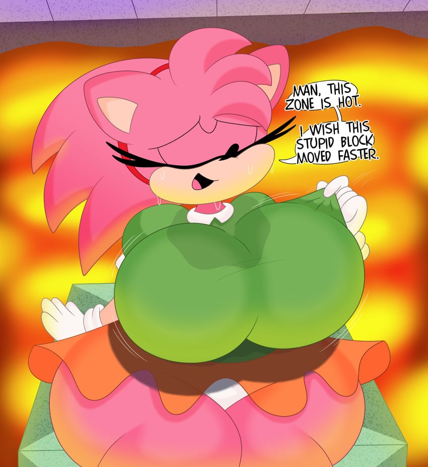 1girls 3barts aged_up amy_rose anisomastia anthro big_butt big_thighs casual_nudity classic_amy_rose clothed dialogue eyelashes female female_only gloves green_shirt hedgehog horny huge_ass huge_breasts huge_butt huge_thighs looking_at_viewer orange_skirt panties pink_body revealing_clothes sega sideass solo sonic_(series) sonic_origins sonic_the_hedgehog_(series) sweat teasing text text_bubble thick_thighs underass underwear upskirt white_panties wide_hips