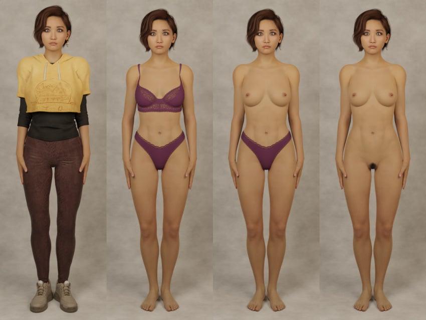 1girls 3d 3d_model asian_female brenda_song clothed/nude female female_only kaitlyn_ka lineup lingerie lingerie_only panties_only pubic_hair purple_bra purple_lingerie purple_panties sequence short_hair solo studio supermassive_games the_quarry