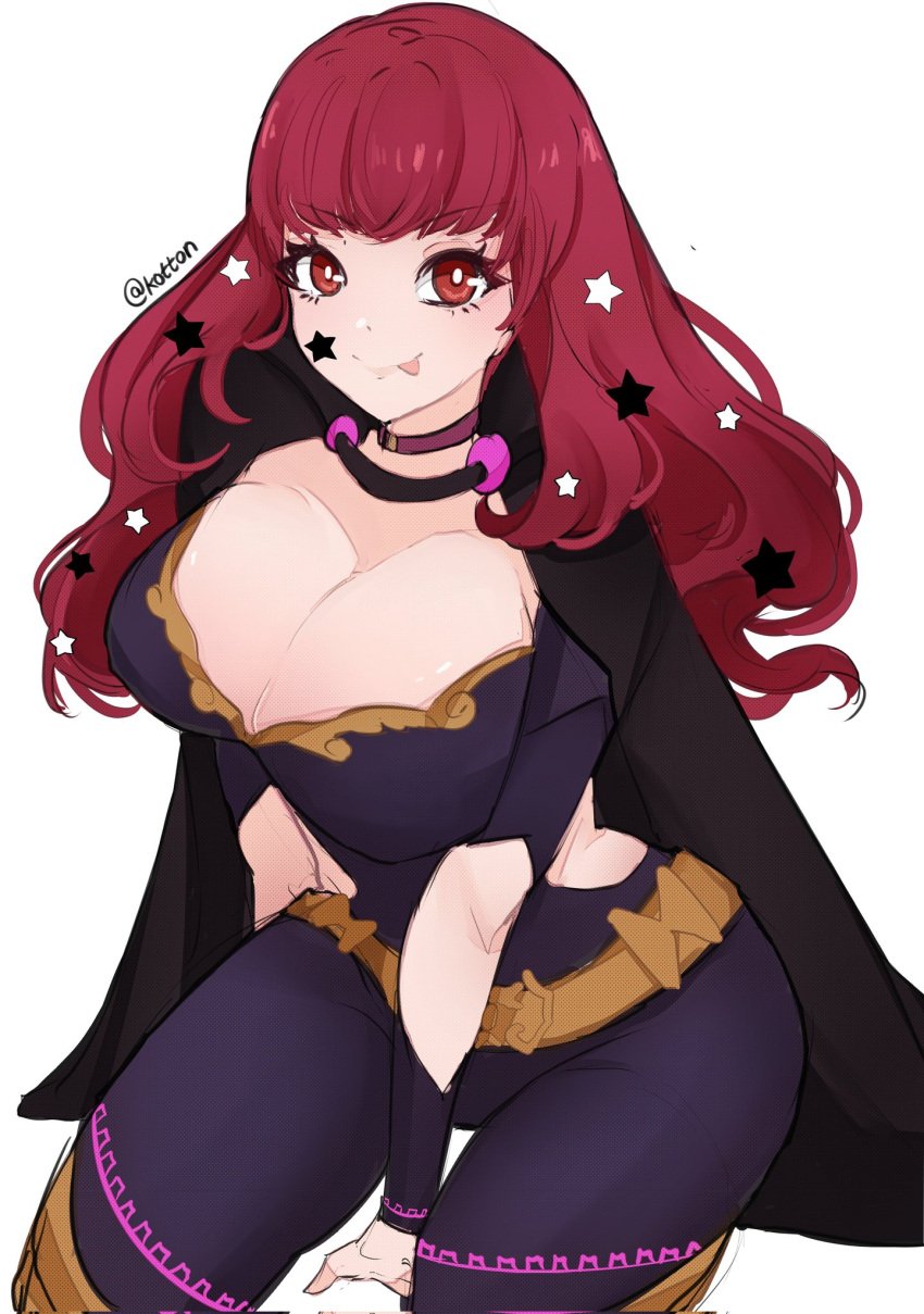 1girls :p belt black_cape bodysuit breasts cape choker cleavage clothing_cutout facial_mark female female female_only fire_emblem fire_emblem_engage hair_ornament highres hourglass_figure large_breasts long_hair looking_at_viewer nintendo red_eyes red_hair serafineart1001 side_cutout simple_background smile solo star_(symbol) star_facial_mark star_hair_ornament tongue tongue_out yunaka_(fire_emblem)