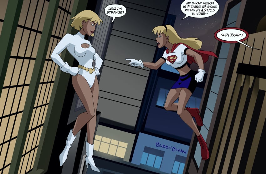 2girls accurate_art_style big_breasts blonde_hair breasts cleavage dc dc_comics dcau dialogue female female_only galatea glee-chan justice_league_unlimited power_girl supergirl supergirl_(dcau) text