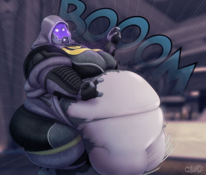 1girls 2d bbw belly_overhang bodysuit breasts_bigger_than_head bursting_clothes chunkerchunks fat fat_arms fat_ass fat_belly fat_breasts fat_legs fat_rolls fat_thighs female female_only helmet hood mass_effect mass_effect_2 mass_effect_3 obese_female purple_skin quarian solo startled tali'zorah_nar_rayya weight_gain