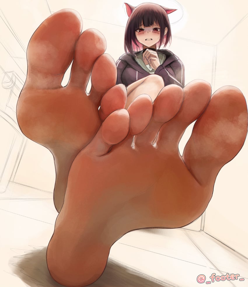 1girls after-school_sweets_club_(blue_archive) barefoot blue_archive close-up feet female foot_fetish footer@unyaaan from_below kazusa_(blue_archive) looking_at_viewer pov pov_eye_contact pov_feet smell smelly smelly_feet solo solo_female steam trinity_general_school_student