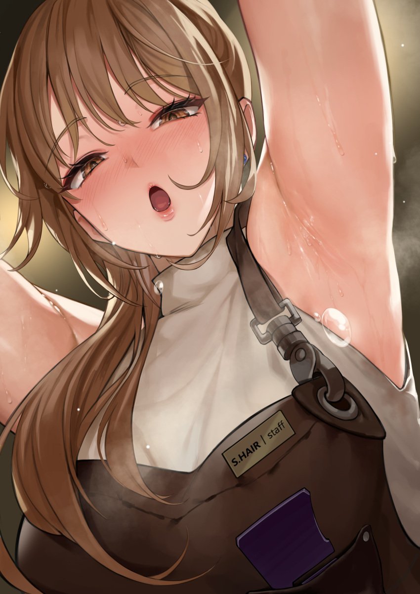 apron arm_up armpit armpit_crease armpit_fetish armpit_focus armpit_sweat armpits arms_up blacksmith blush brown_hair brunette_hair clothed ear_piercing exhausted female female_only fully_clothed hair_tied light-skinned_female light_skin mechanic mute_(mute89539160) open_mouth piercing piercings plump_lips pov sexy_armpits smelly_armpits sweat sweat_drip sweat_drop sweat_drops sweating sweaty sweaty_armpits tagme tied_hair working