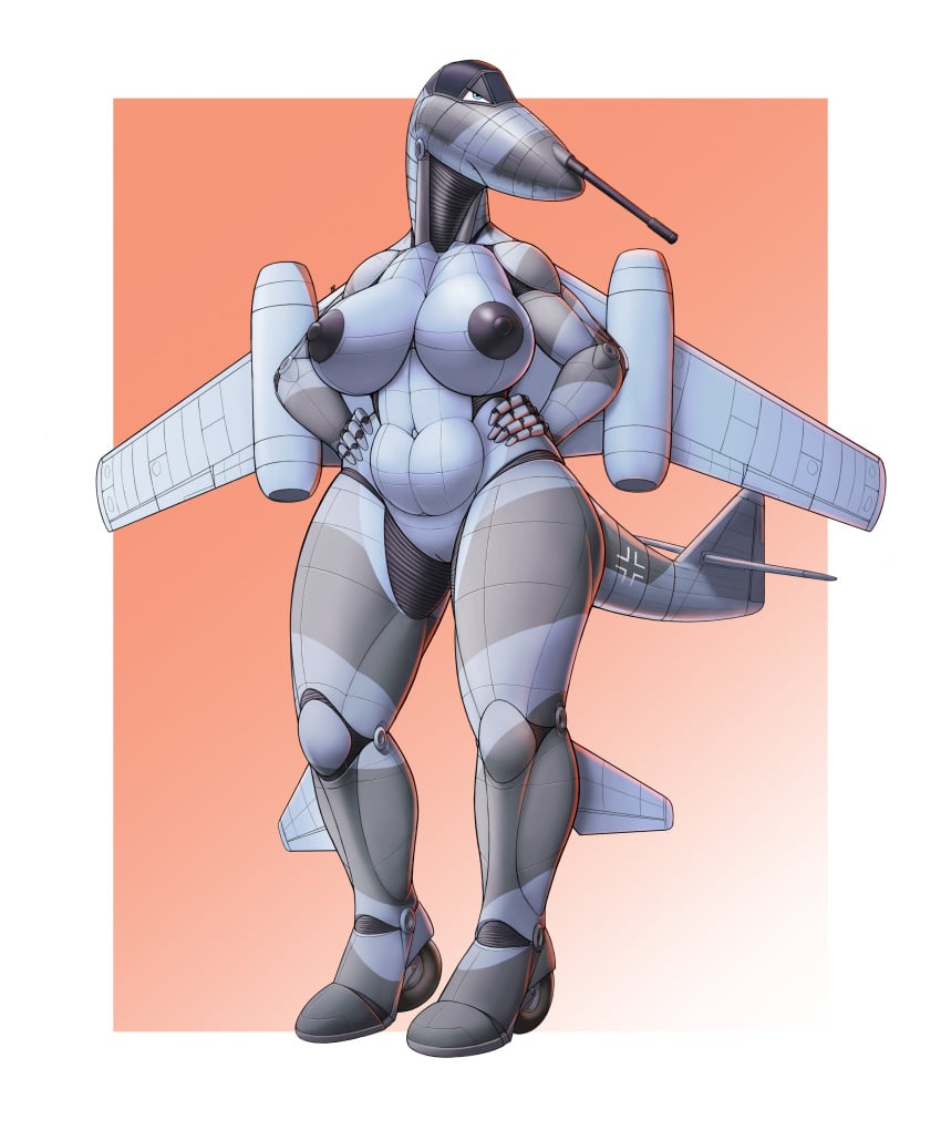 2023 absurd_res aeromorph aircraft airplane angry anthro bertha_(chad012) big_breasts blue_eyes breasts chubby_female colored cross dark_nipples female genitals gradient_background grey_body grumpy hands_on_hips hi_res iron_cross jet living_aircraft living_machine living_vehicle machine me_262 messerschmitt navel ndragon3 pussy simple_background solo striped_body stripes vehicle wheels world_war_2