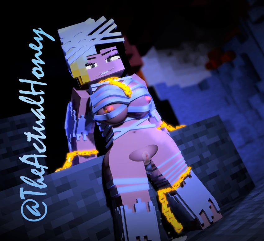 1girls big_breasts black_and_blonde_hair honey_(tah) mine-imator minecraft mummy_costume nipple_piercing pussy pussy_juice_drip theactualhoney