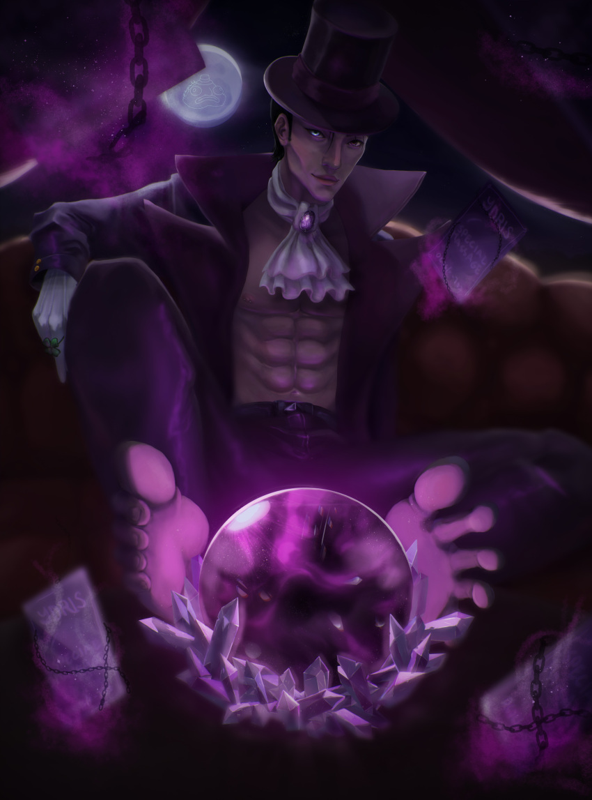 2d barefoot churgerartist clothed crystal crystal_ball feet foot_fetish foot_focus heterochromia male_only massage muscles open_shirt six_pack star_stable_online top_hat watermark ydris