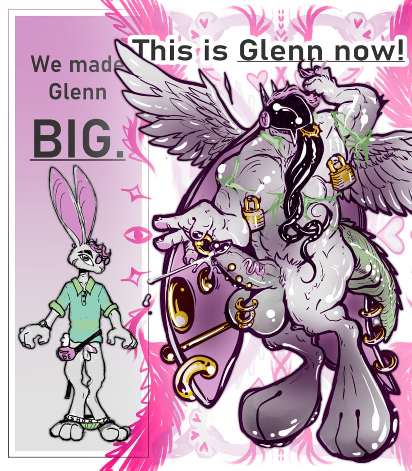 big_piercings drone_helmet glenn growth growth_drive hi_res kobold kobold_growth_drive kobold_orion koboldorion lagomorph leporid male mammal orion penis piercing rabbit transformation wings