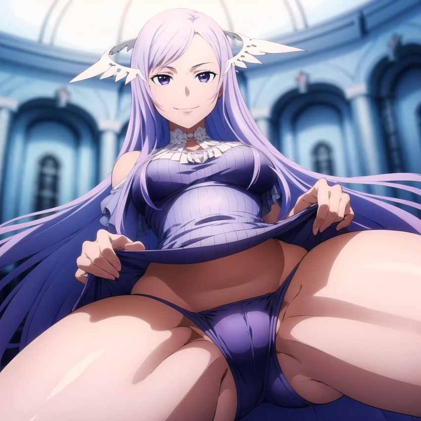 1:1_aspect_ratio ai_generated clothing female female_only high_resolution indoors light-skinned light-skinned_female light_skin long_hair looking_at_viewer pantsu purple_eyes purple_hair quinella_(sword_art_online) smile solo solo_female sword_art_online sword_art_online:_alicization underwear upskirt very_high_resolution