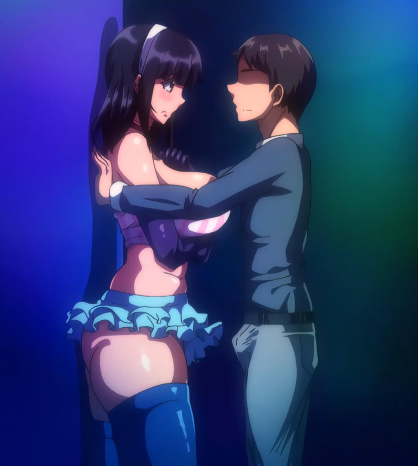 1boy 1girls anime_screencap ass black_hair blush breasts brother_and_sister brown_hair bunnywalker clothing erection erection_under_clothing komiya_anna large_ass large_breasts larger_female muttsuri_do_sukebe_tsuyu_gibo_shimai_no_honshitsu_minuite_sex_sanmai ova raika_tsurugi screencap skirt straight t-rex_(animation_studio) thick_thighs thighhighs thighs tummy