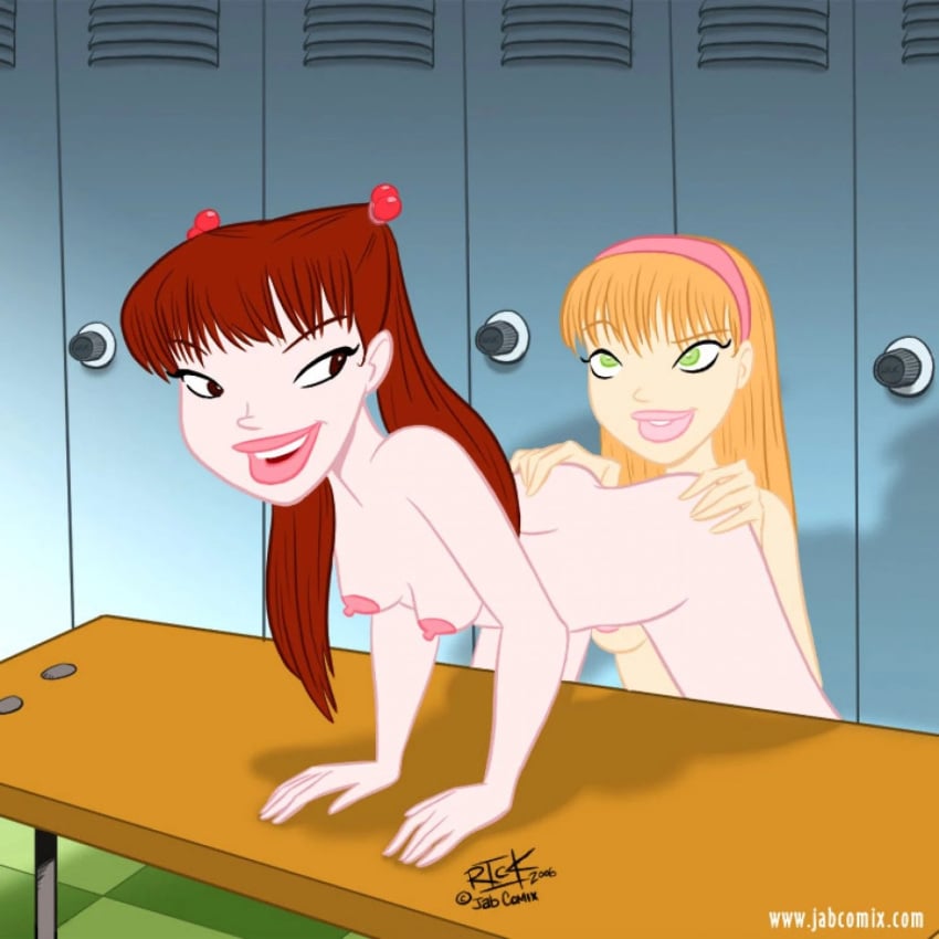 ay_papi bent_over blonde_hair brown_eyes brown_hair from_behind green_eyes hairband imminent_cunnilingus jab_comix julia_harvey locker_room lockers looking_back looking_over_shoulder natalie_sanders small_breasts smiling_at_partner twintails yuri