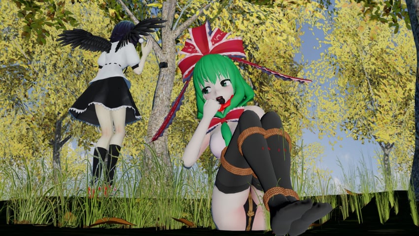 2girls 3d bondage gag green_eyes green_hair help kagiyama_hina pavro shameimaru_aya touhou