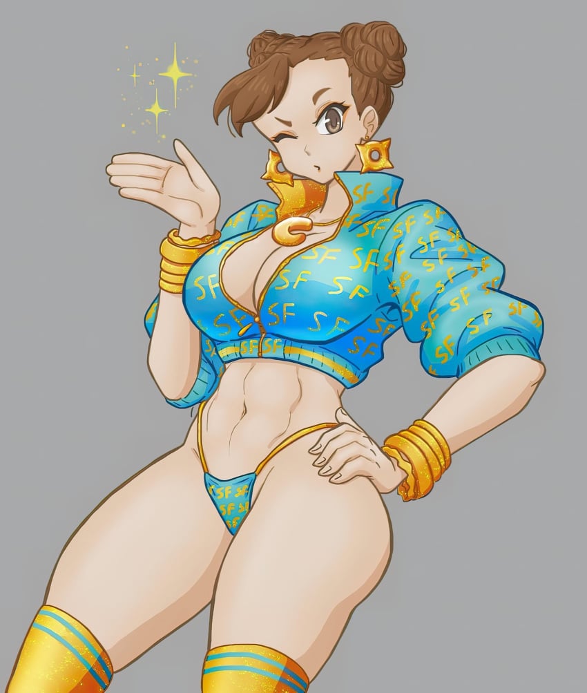 abs artist_request asian_female brown_hair chun-li chun-li_(cover_girl) female female_only grey_background hand_on_hip one_eye_closed short_hair simple_background street_fighter text_on_clothing thick_thighs thighs thong waving_at_viewer wink winking