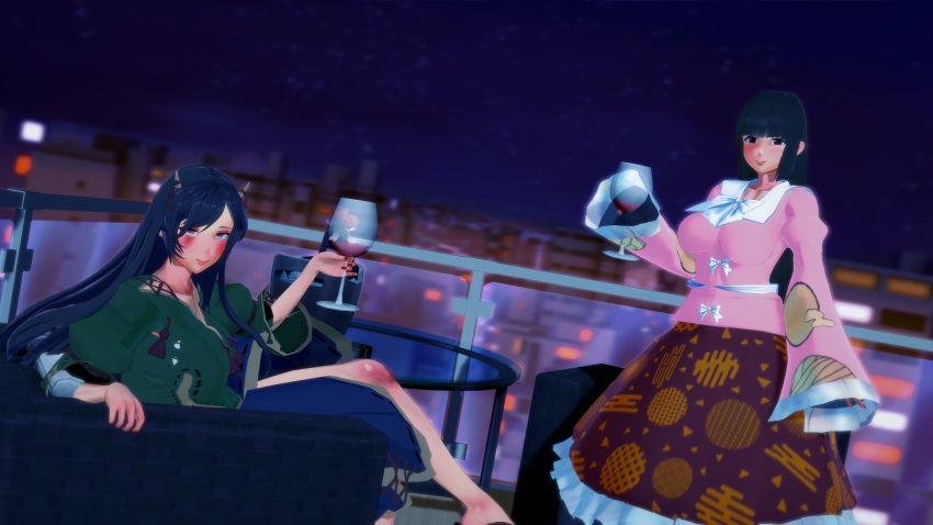 2girls 3d hime_cut kaguya_houraisan koikatsu nippaku_zanmu sitting sofa touhou wine wine_glass