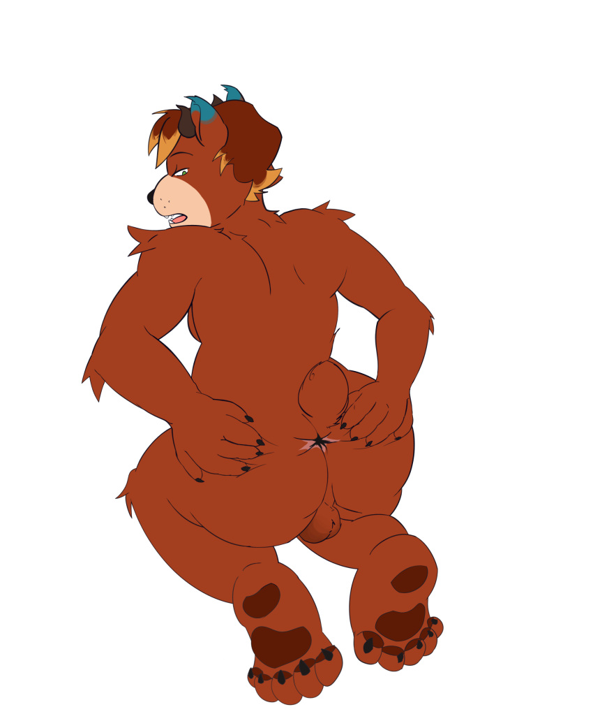 2023 2_horns 5_fingers 5_toes alpha_channel alternate_species anthro anus arm_tuft backsack ball_tuft balls bear blue_body blue_fur brown_hair brown_pawpads claws dipstick_ears elbow_tuft eyebrows feet finger_claws fingers fur genitals green_eyes hair half-closed_eyes hi_res highlights_(coloring) horn kneeling looking_back male mammal multicolored_ears narrowed_eyes open_mouth orange_highlights pawpads phol red_body red_fur sharp_teeth short_tail shoulder_tuft simple_background solairi_(onefattycatty) solo spread_anus spreading tail tan_body tan_fur teeth toe_claws toes transparent_background tuft