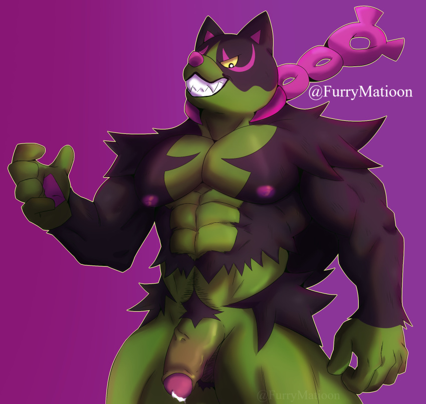 anthro balls big_nipples big_pecs black_fur bodily_fluids cum dick erection fur furry furry_only gay gay_male generation_9_pokemon genital_fluids green_body green_fur green_skin male male_only muscular muscular_anthro muscular_male nipples nude okidogi pecs penis pink_nipples pokémon_(species) pokemon pokemon_sv