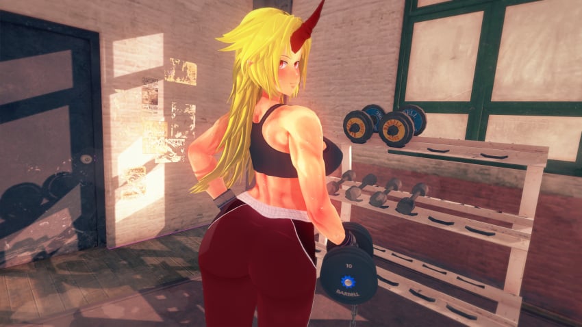 1girls 3d ass_view back_muscles fit_female hoshiguma_yuugi koikatsu muscular_female oni touhou view_from_back weights workout_clothes