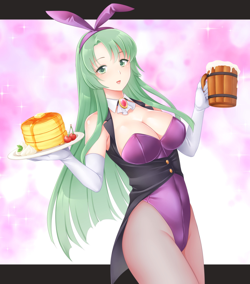 1girls alternate_costume animal_ears bare_shoulders beer beer_mug blush breasts bunny_ears bunny_girl bunnysuit cecilia_(fire_emblem) cherry cleavage cowboy_shot detached_collar elbow_gloves fake_animal_ears female female_only fire_emblem fire_emblem:_the_binding_blade food fruit gloves green_eyes green_hair ham_pon highres large_breasts leotard long_hair looking_at_viewer mug nintendo open_mouth pancake pantyhose pink_background playboy_bunny purple_leotard rabbit_ears smile solo star_(symbol) strapless strapless_leotard thighs very_long_hair waitress white_gloves