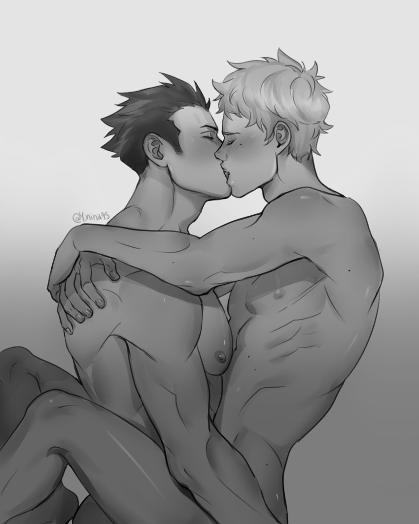 2boys arms_around_partner blush carrying carrying_partner carrying_position commission french_kiss greyscale haikyuu!! hand_on_butt kissing no_visible_genitalia sawamura_daichi sugawara_koushi sweat y_nina95 yaoi