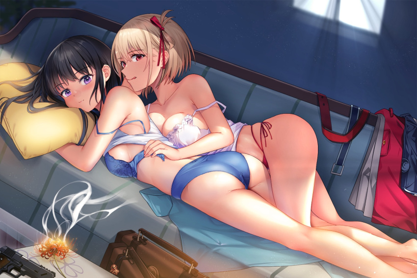 2girls ass bed black_hair blonde_hair blush bra bra_removed couch flower gun indoors inoue_takina kousaki_natsu large_breasts long_hair lycoris_recoil multiple_girls nightdress nishikigi_chisato no_bra panties purple_eyes red_eyes ribbons scattered_clothing shirt shirt_lift short_hair smile suitcase underwear window yuri