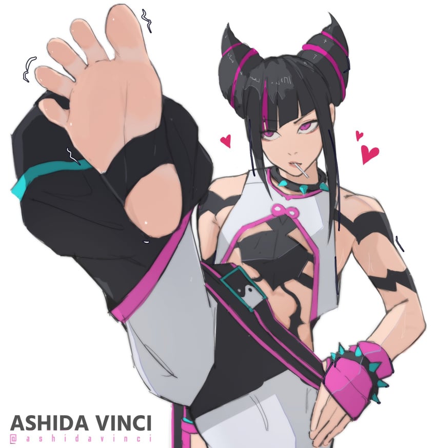 1girls 2d barefoot barefoot_under_trousers feet female foot_fetish foot_focus foot_up fully_clothed heart hearts juri_han no_penetration no_sex pov_feet presenting_feet shoarts smell smelly smelly_feet soles solo solo_female spread_toes street_fighter toes