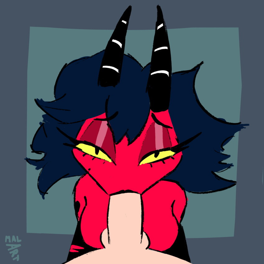 2d black_lipstick blowjob demon demon_girl demon_horns eyeshadow helluva_boss imp looking_at_viewer malart male_pov millie_(helluva_boss) red_skin torn_clothes yellow_eyes