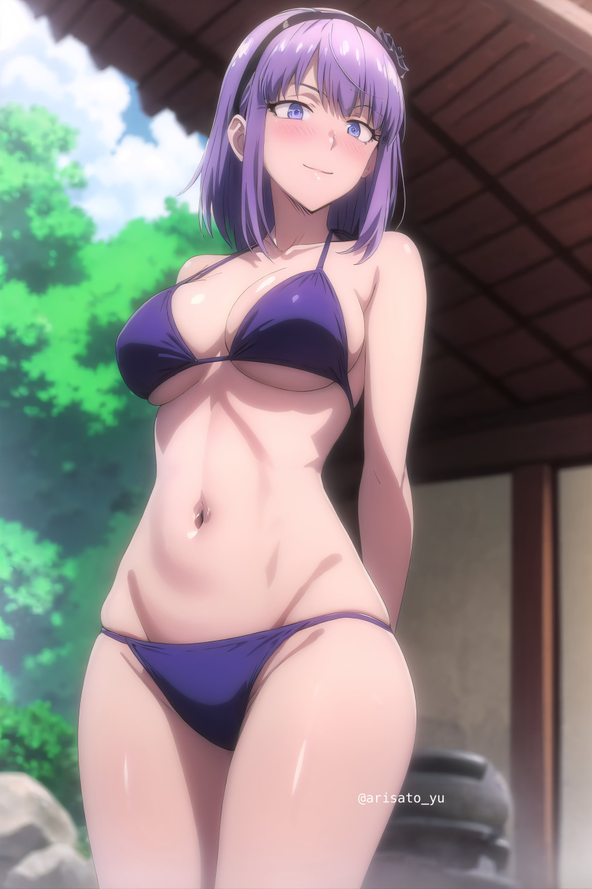 1girls ai_generated arms_behind_back big_breasts bikini blue_eyes busty cleavage confident dagashi_kashi female female_only hairbow large_breasts legs looking_at_viewer navel onsen pose posing purple_hair sensual shidare_hotaru smile solo swimsuit thighs toned voluptuous