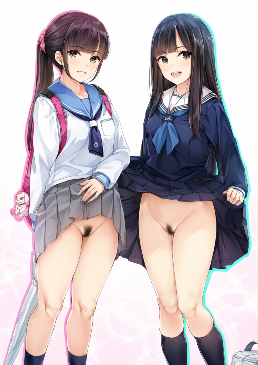 2girls ankle_socks anklehighs backpack bag bag_charm black_hair black_serafuku black_skirt black_socks blue_sailor_collar blunt_bangs blush brown_eyes brown_hair charm_(object) clothes_lift female female_pubic_hair grey_skirt highres hime_cut knee_socks kneehighs kneesocks lifted_by_self long_hair long_sleeves looking_at_viewer multiple_girls neckerchief no_panties open_mouth original pleated_skirt ponytail presenting presenting_pussy pubic_hair pussy sailor_collar school_uniform schoolgirl serafuku skirt skirt_lift smile socks standing teeth vagina white_sailor_collar yokaze_japan