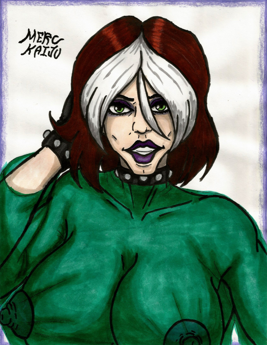 1girls anna_marie big_breasts big_nipples black_gloves bracelet breasts brown_hair brunette choker clothed clothing collarbone female female_focus female_only gloves goth goth_girl green_eyes heroine human large_breasts lipstick looking_at_viewer makeup marvel marvel_comics medium_hair merc_kaiju multicolored_hair mutant nipples nipples_visible_through_clothing purple_lipstick rogue_(evolution) rogue_(x-men) see-through see-through_clothing see-through_top self_upload shirt short_hair smile smiling solo solo_female studded_bracelet studded_choker studded_collar traditional_art traditional_drawing_(artwork) traditional_media traditional_media_(artwork) white_background white_hair x-men x-men_evolution