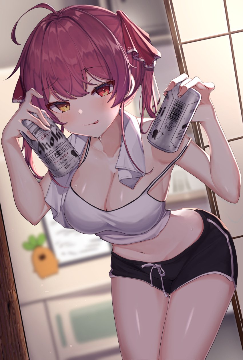 absurdres ahoge alcohol barcode beer brand_name_imitation breasts can cleavage cowboy_shot crop_top dolphin_shorts drawstring drink english_text female gym_shorts hair_ribbon heterochromia highres holding holding_can holding_drink hololive hololive_fantasy hololive_japan houshou_marine indoors large_breasts leaning_forward long_hair looking_at_viewer midriff navel pomp_(qhtjd0120) red_eyes red_hair red_ribbon ribbon short_shorts shorts shouji sliding_doors solo strap_slip sweat tank_top thighs tongue tongue_out towel towel_around_neck twintails virtual_youtuber white_tank_top yellow_eyes