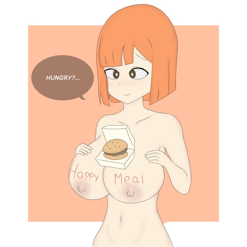 1girls big_breasts burger english_text female female_only half_body happy_meal mcdonald's mom_(japanese_mcdonald's_commercial) naked orange_hair pewnyart short_hair showing_breasts solo text yoru_mac