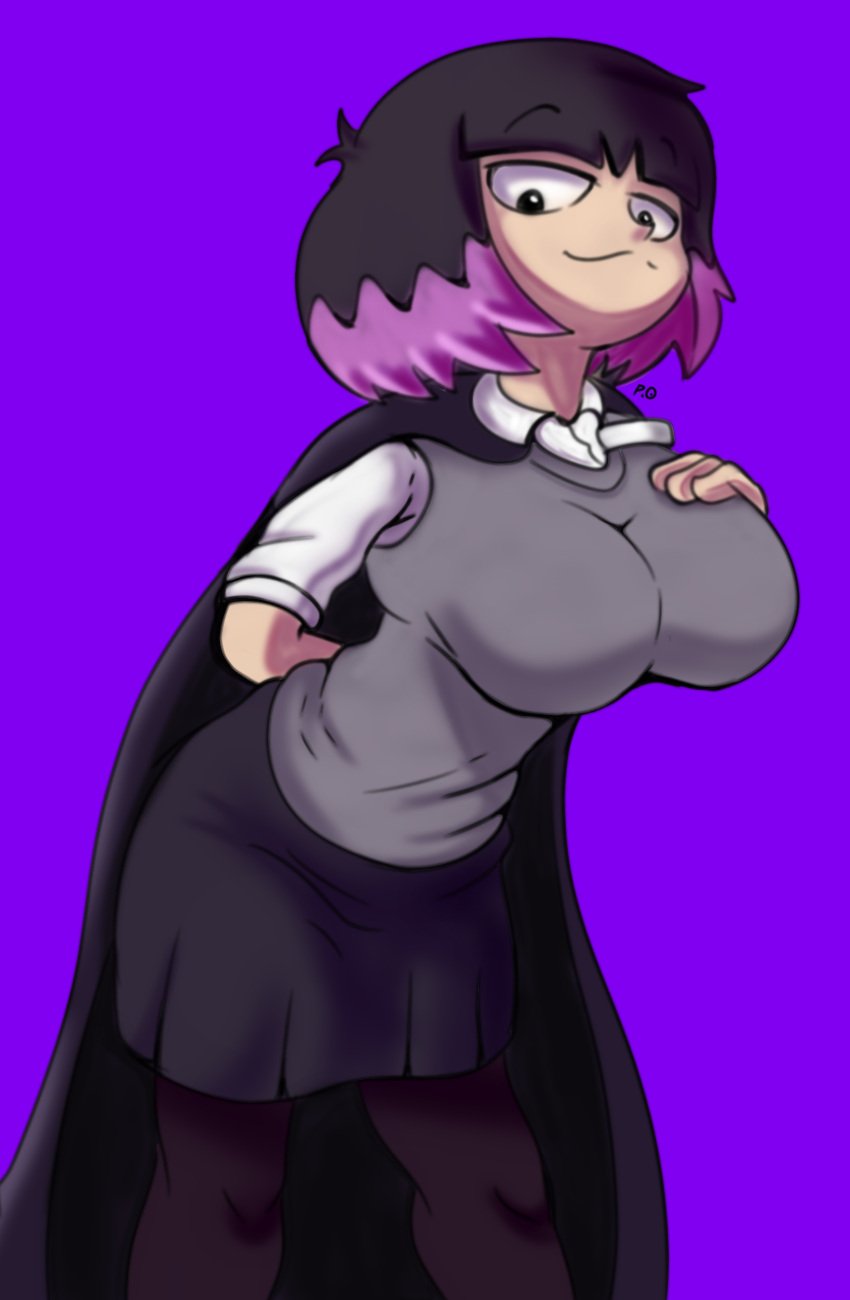 2d ass big_ass big_breasts black_cape black_hair black_pantyhose black_skirt breasts cape grey_vest hand_on_breast hilda_(series) kaisa_(hilda) large_ass large_breasts looking_at_viewer pantyhose papaoso purple_hair shirt short_hair smile smiling smiling_at_viewer thighs two_tone_hair vest voluptuous voluptuous_female white_shirt