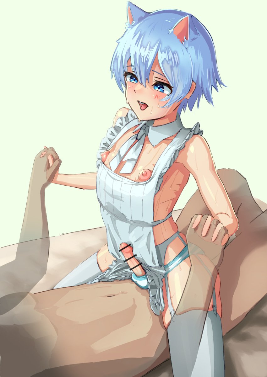 2boys ambiguous_gender anal anal_sex androgynous animal_ears balls bar_censor cat_boy cat_ears catboy censor_bar censored censored_penis cowgirl_position erect_nipples erection femboy flat_chest gay gay_sex light_blue_eyes light_blue_hair maid maid_outfit male/male male_on_male misskey.io momokiji murakami-san_(misskey.io) nipples otoko_no_ko panties penetration precum sex short_hair small_penis tiny_penis yaoi