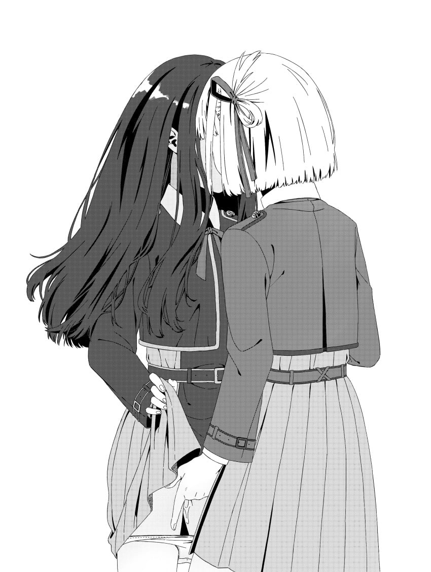 2girls absurdres belt bob_cut clothes_lift collared_shirt commentary_request cowboy_shot dress dress_lift fingering hair_ribbon highres inoue_takina kissing long_hair long_sleeves lycoris_recoil lycoris_uniform monochrome multiple_girls neck_ribbon nishikigi_chisato one_side_up panties panty_pull pleated_dress pussy_juice ribbon shirt short_hair sidelocks simple_background tonht two-tone_dress underwear white_background yuri