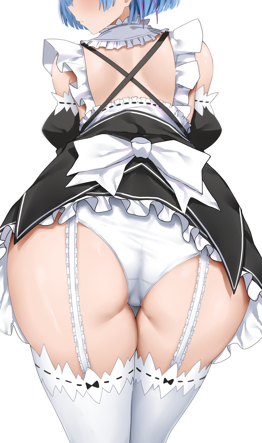 absurdres apron arind_yudha ass ass_focus bent_over black_dress blue_hair commission detached_sleeves dress female frilled_dress frilled_sleeves frills from_behind garter_straps highres maid maid_apron panties pixiv_commission re:zero_kara_hajimeru_isekai_seikatsu rem_(re:zero) roswaal_mansion_maid_uniform short_dress short_hair simple_background skirt solo thighhighs underwear white_apron white_background white_panties white_thighhighs