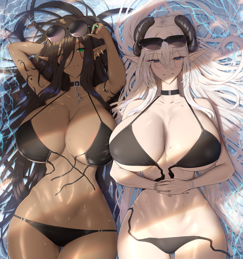 2girls absurd_res bikini breasts brown_hair brown_skin chocolate_and_vanilla dark-skinned_female dark_elf dark_skin demon demon_girl elf elf_ears elf_female female horns huge_breasts light-skinned_female light_skin long_hair looking_at_viewer naughty_face navel original original_character outdoors pointy_ears shiroshisu slim_waist white_hair wide_hips