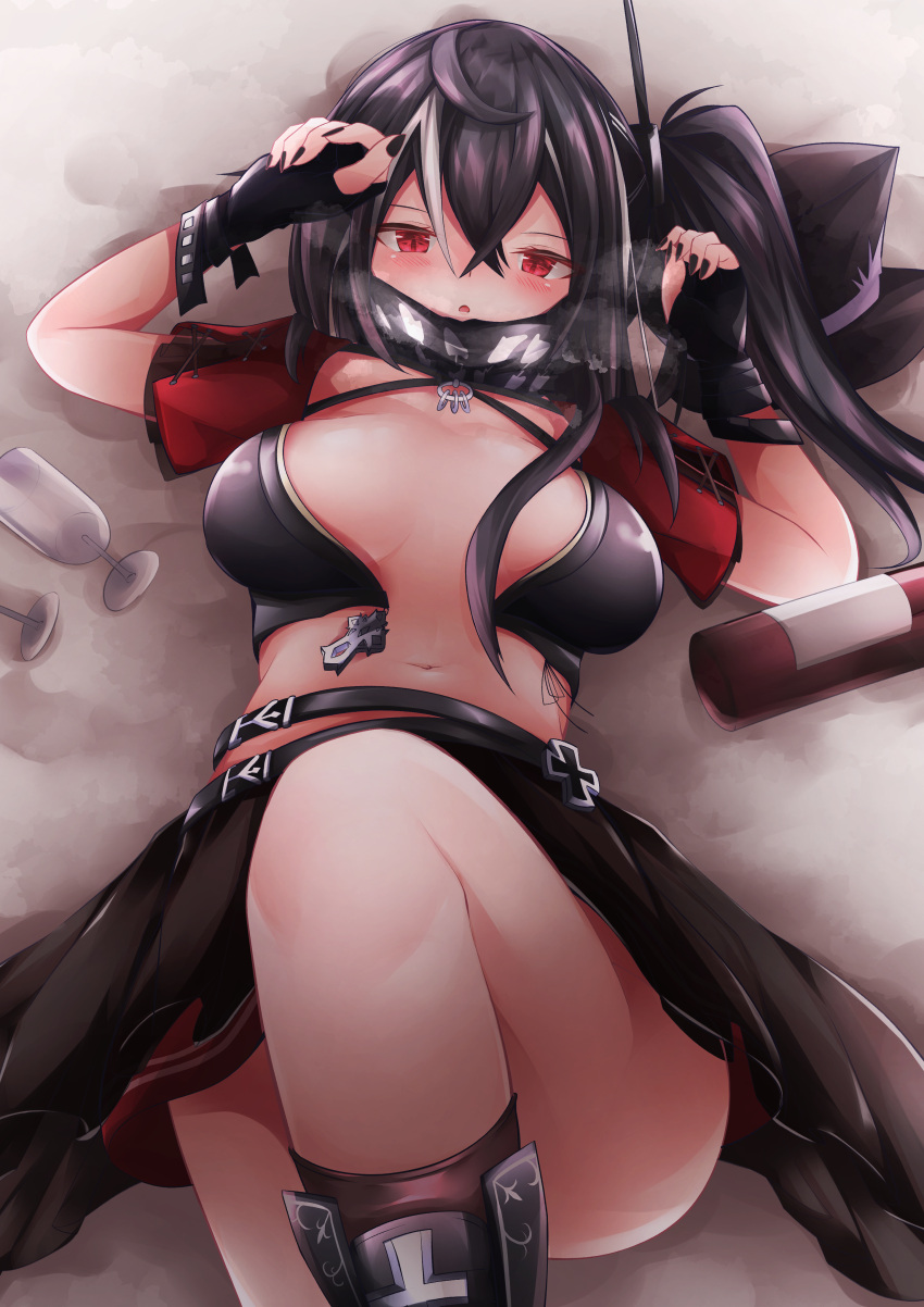 1girls azur_lane bed_sheet belly_button black_gloves black_hair black_nails blush bottle breasts clothed clothing drinking_glass female female_only fingerless_gloves glass gloves iron_blood_(azur_lane) light-skinned_female light_skin looking_at_viewer on_bed red_eyes skirt small_breasts solo soul_of_sugar u-47_(azur_lane) untied white_bed_sheet wine wine_bottle wine_glass