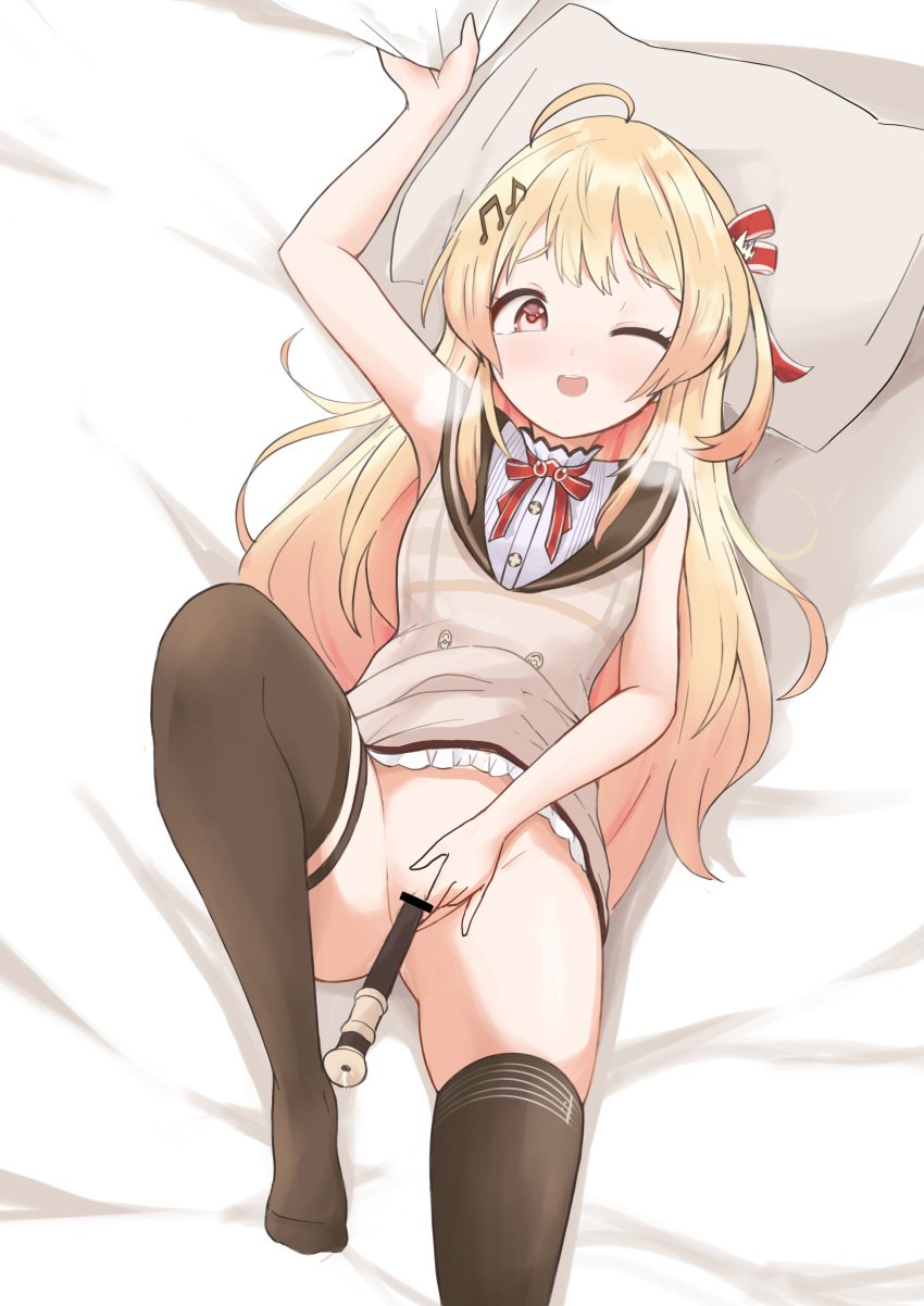 1girls black_legwear blonde_hair blush brown_eyes censor_bar censored censored_pussy female female_focus female_only hololive hololive_dev_is hololive_regloss insertion legwear long_hair lying_on_bed no_panties object_insertion one_eye_closed open_mouth otonose_kanade qz regloss small_breasts solo solo_female solo_focus thick_thighs thighs virtual_youtuber