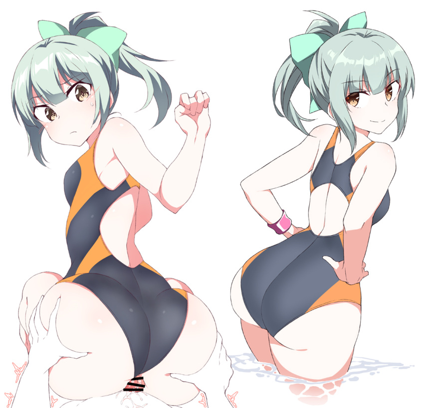 1boy ass bar_censor bare_arms bare_shoulders big_ass black_one-piece_swimsuit blush bow breasts brown_eyes buttjob censored closed_mouth competition_swimsuit female from_behind green_bow green_hair green_ribbons hair_ribbon hairbow hands_on_own_hips kantai_collection long_hair looking_at_viewer medium_breasts multiple_views one-piece_swimsuit penis ponytail reverse_cowgirl_position ribbon shigino_sohuzi smile solo_focus straddling straight swimsuit white_background yuubari_(kantai_collection)