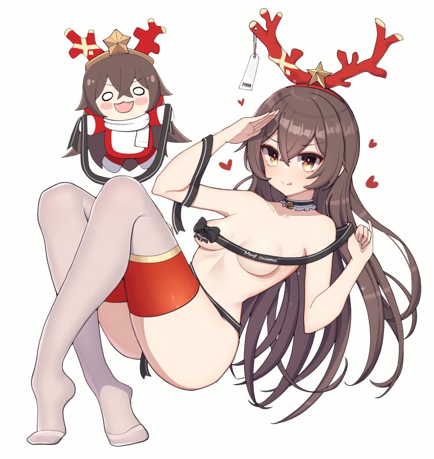 2girls :p absurdres amber_(genshin_impact) antlers baron_bunny_(genshin_impact) bell blush_stickers bow bowtie breasts brown_hair choker genshin_impact heart highres jingle_bell merry_christmas multiple_girls no_shoes open_mouth pomp_(qhtjd0120) reindeer_antlers salute simple_background small_breasts smile thighhighs tongue tongue_out underboob white_background yellow_eyes