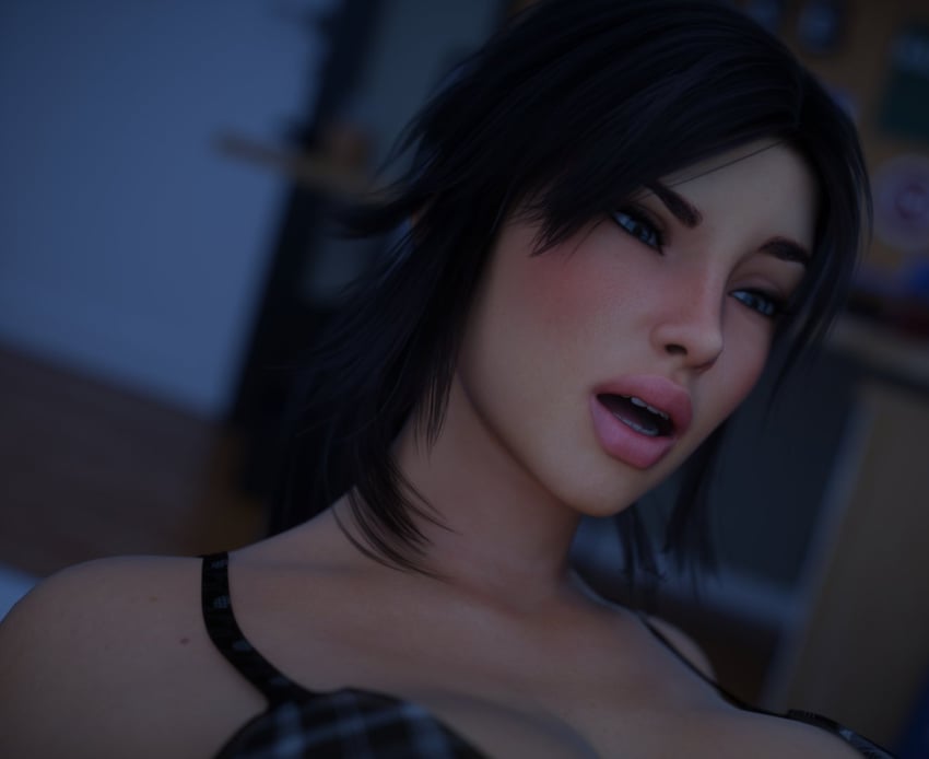 1girls 3d big_breasts black_hair bra breasts caroline_(milfy_city) female female_only huge_breasts icstor milf milfy_city ponytail solo