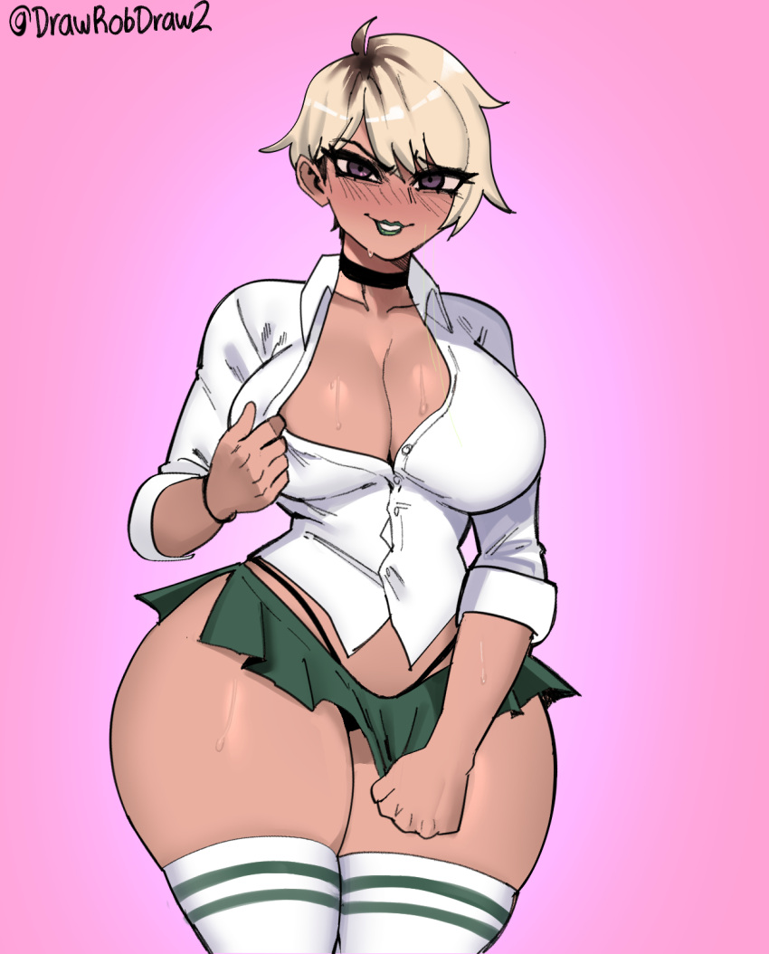 1girls big_breasts boob_window brown_skin choker cleavage dark-skinned_female dark_skin drawrobdraw2 green_lipstick green_skirt gyaru huge_thighs lara_(luciohr) lipstick miniskirt pulling_clothing school_uniform solo_female standing tan_skin thick_thighs thighhighs thighs thong two_tone_hair wide_hips