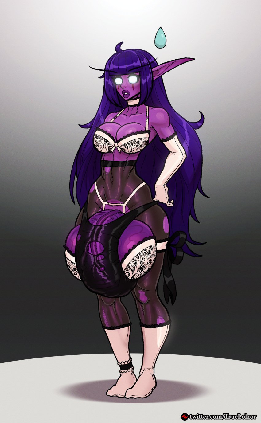 1futa balls bangs big_breasts big_penis breasts clothed clothing dickgirl flaccid futa_only futanari gigantic_penis gigantic_testicles glowing_eyes humanoid humanoid_penis iyaera_duskbloom lingerie long_hair mostly_nude night_elf penis purple_hair purple_skin self_upload solo standing truelolzor world_of_warcraft