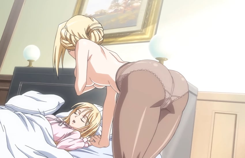 2girls ass blonde_hair breasts covering_breasts hips large_ass maria_van_hossen medium_breasts panties princess_lover screencap screenshot see-through see-through_clothing silvia_van_hossen stockings thick_thighs thighs topless