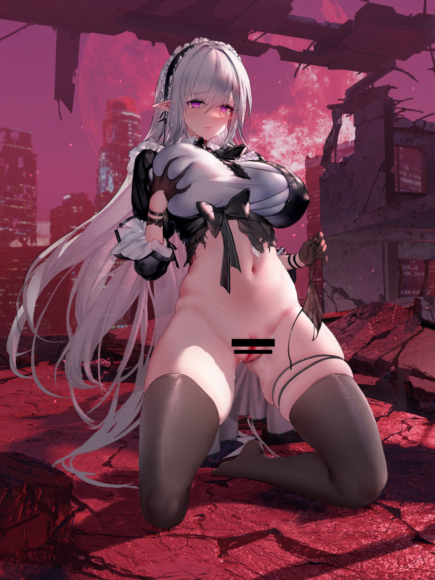 black_bow black_dress black_gloves black_hairband black_thighhighs bottomless bow breasts building censored city closed_mouth closers covering covering_crotch deep_skin dress female frilled_hairband frills full_moon gloves grabbing_own_breast hair_between_eyes hairband half_gloves highres huge_breasts huge_moon kneeling large_breasts long_hair looking_at_viewer moon no_pupils no_shoes outdoors panties panties_removed pointy_ears post-apocalypse purple_eyes pussy red_moon ruins shirt skindentation sleeves_past_elbows solo swd3e2 tearing_up thigh_strap thighhighs torn_clothes torn_dress underwear very_long_hair white_hair white_shirt