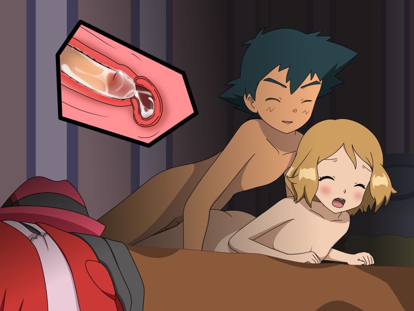 1boy 1girls amourshipping anime_style artist_request artstyle_imitation asian_male_white_female ass bed black_hair blush closed_eyes cum_in_pussy cum_inside dirty_blonde_hair doggy_style french_female from_behind hat japanese_male mouth_closed naked nintendo nude nude_female nude_male on_bed open_mouth pokemon pokemon_xy prone_bone satoshi_(pokemon) serena_(pokemon) sex sex_from_behind short_hair smile straight vaginal_penetration x-ray