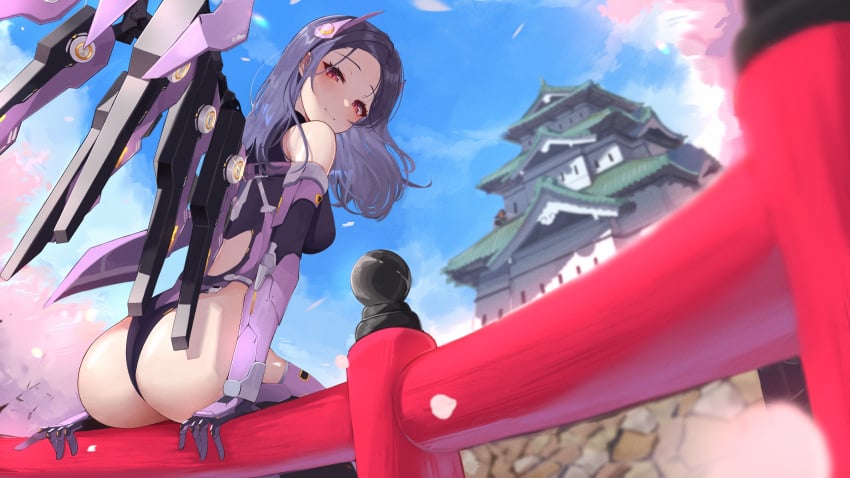 absurdres architecture ass bare_shoulders black_hair black_leotard blue_sky breasts cherry_blossoms closed_mouth day east_asian_architecture elbow_gloves female gloves goddess_of_victory:_nikke hair_ornament highres isabel_(nikke) leotard long_hair looking_at_viewer looking_back mechanical_wings medium_breasts on_railing outdoors petals pomp_(qhtjd0120) purple_gloves railing red_eyes sitting sky smile solo wings