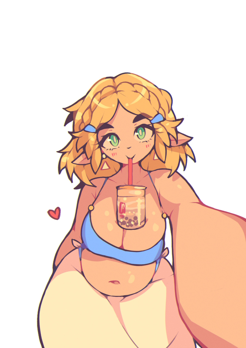 blonde_hair breasts bubble_tea bubble_tea_challenge cleavage drink drinking ear_piercing elf_ears green_eyes heart highres large_breasts looking_at_viewer no_shirt poorsdraws pregnant princess_zelda selfie simple_background tagme tears_of_the_kingdom the_legend_of_zelda white_background zelda_(tears_of_the_kingdom)