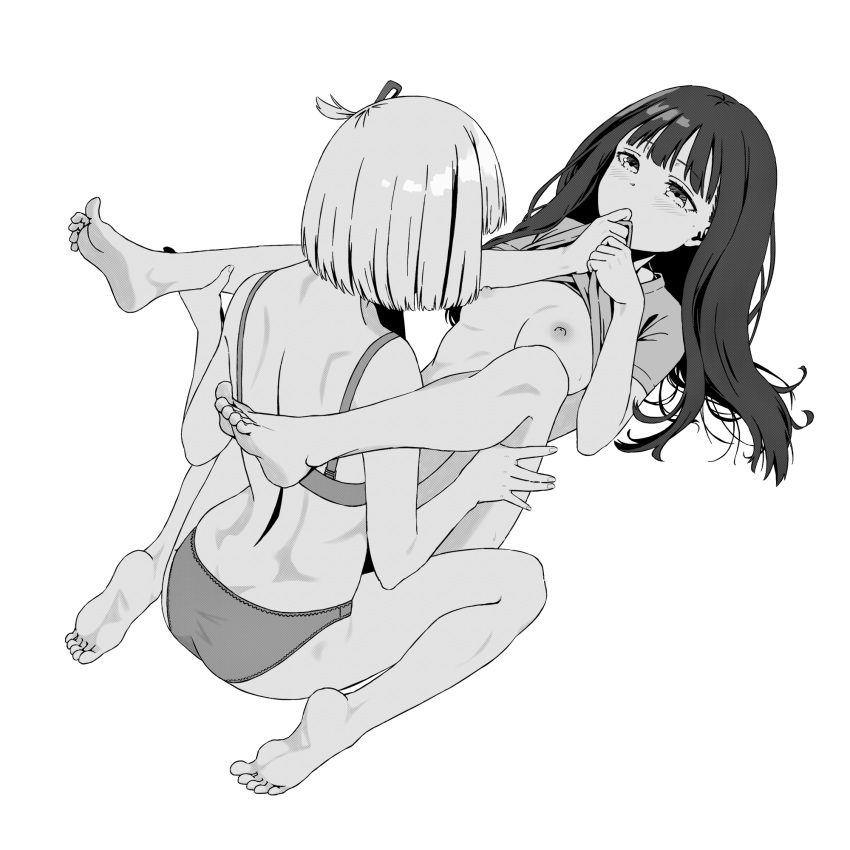 2girls barefoot blush breasts clothes_lift commentary_request greyscale hair_ribbon highres inoue_takina legs_up long_hair looking_at_another lycoris_recoil lying medium_breasts monochrome multiple_girls nipples nishikigi_chisato on_back one_side_up ribbon shirt_lift short_hair sidelocks simple_background sitting sweatdrop tonht underwear underwear_only wariza white_background yuri