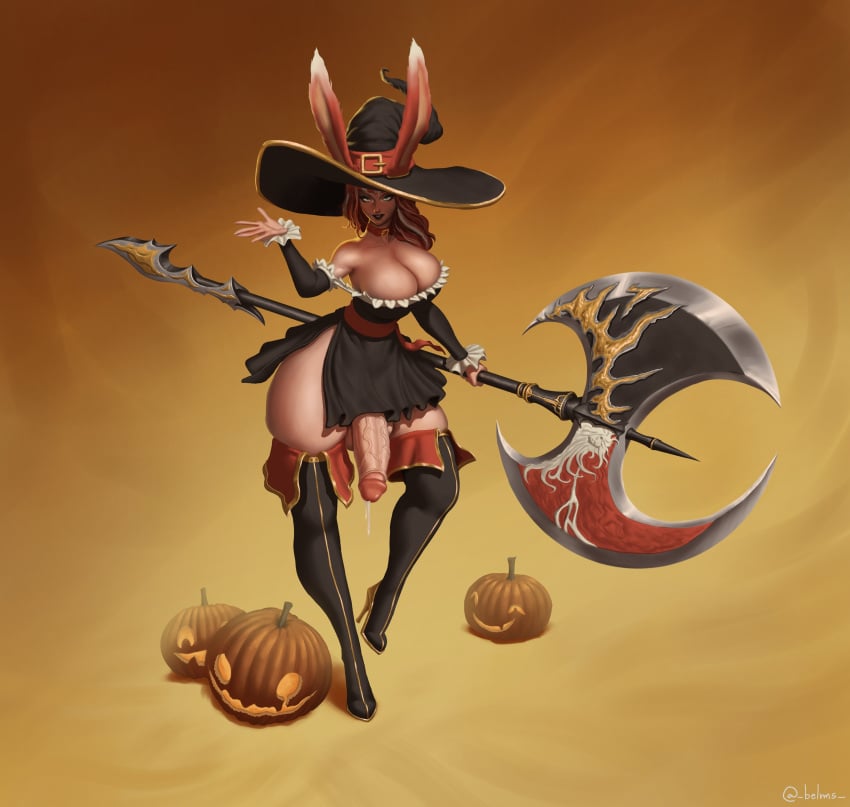 anthro axe belms belt belt_buckle big_breasts big_thighs black_lipstick breasts brown_hair choker collar cum final_fantasy final_fantasy_xiv futanari gradient_hair heels high_heel_boots high_heels jack-o'-lantern leaking leaking_cum light-skinned_futanari light_skin lipstick oc original original_character pumpkin semen smile smiling solo solo_futa teal_eyes thigh_highs thighhighs thighs viera weapon white_hair witch witch_hat