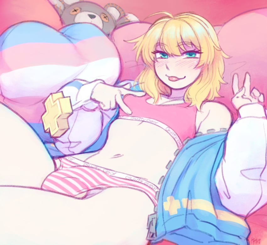 1boy androgynous ball_bulge blonde_hair blue_eyes blush bridget bulge femboy guilty_gear guilty_gear_strive hi_res ittla looking_at_viewer lying lying_on_back male male_only nipple_pinch otoko_no_ko penis_bulge smiling smiling_at_viewer solo tongue_out transgender_pride_colors v_sign